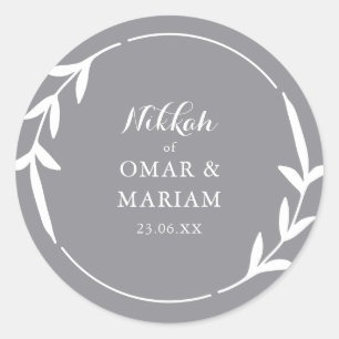 Nikkah Elegant Smoke Leaf  Wreathe Border Classic Round Sticker