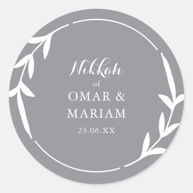Nikkah Elegant Smoke Leaf  Wreathe Border Classic Round Sticker (Front)