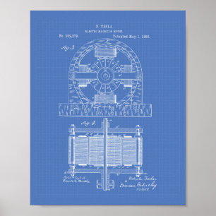 Nikola Tesla 1888 Patent Art - Blueprint Poster