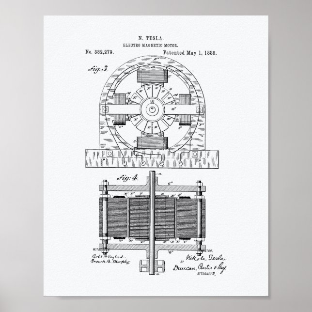 Nikola Tesla 1888 Patent Art - White Paper Poster (Front)