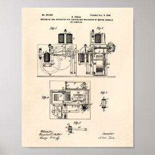 Nikola Tesla 1898 Patent Art - Old Peper Poster