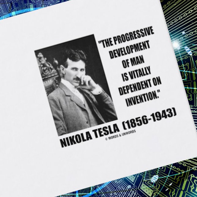 Nikola Tesla Progressive Development Man Invention Business Card (Business card for any electrical engineer, technologist, or inventor featuring Nikola Tesla quote)
