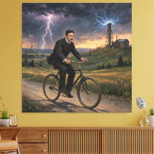 Nikola Tesla Riding Bicycle To His Lab Circa 1893 Canvas Print