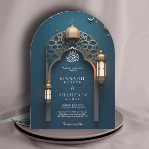 Nile Blue Islamic 3D Arch Elegant Muslim Wedding Invitation