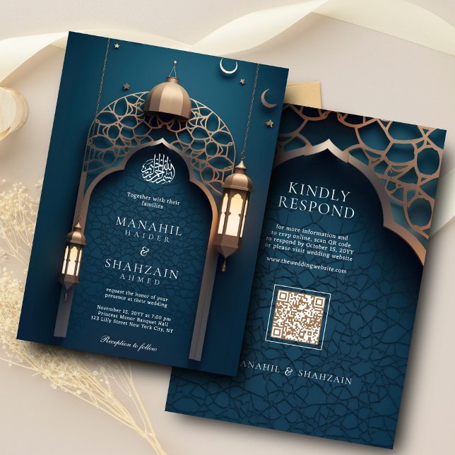 Nile Blue Islamic 3D Arch Elegant Muslim Wedding Invitation (Creator Uploaded)