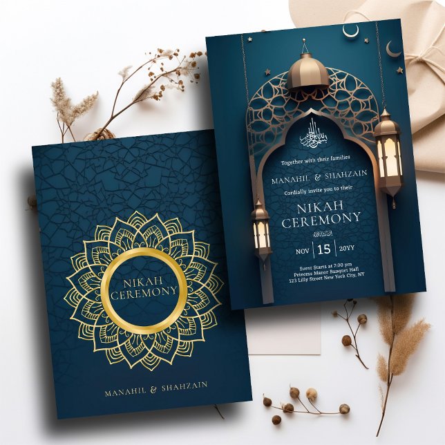 Nile Blue Islamic Arch Elegant Muslim Nikah Weddin Invitation (Creator Uploaded)