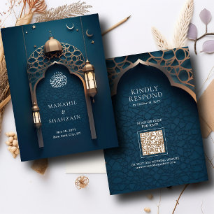 Nile Blue Islamic Arch QR Code RSVP Wedd Website Enclosure Card