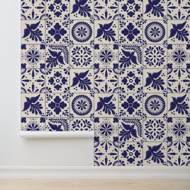Nile Blue Linen Mexican Traditional Talavera Tiles Wallpaper (Application)