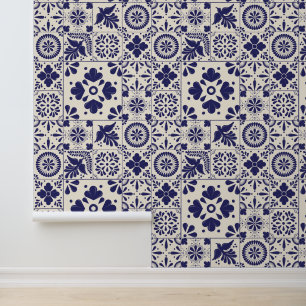 Nile Blue Linen Mexican Traditional Talavera Tiles Wallpaper