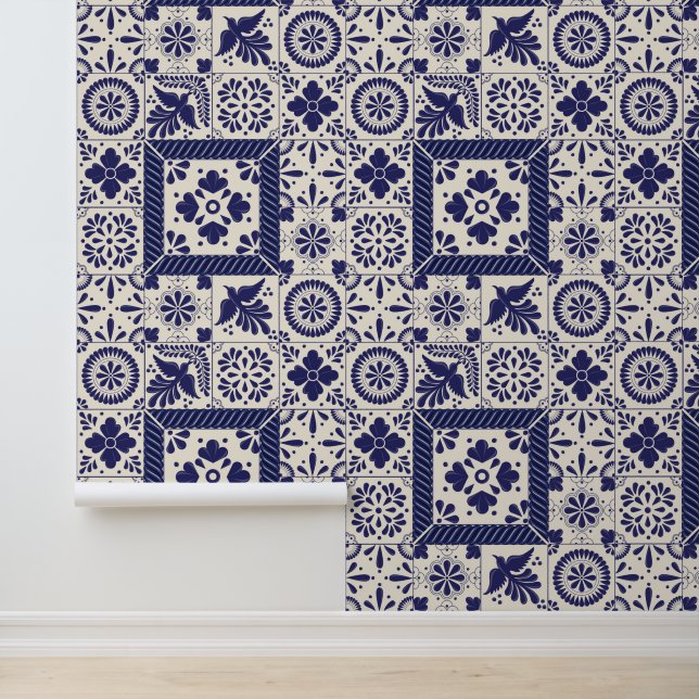Nile Blue Linen Mexican Traditional Talavera Tiles Wallpaper (Application)