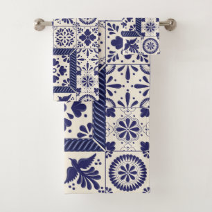 Nile Blue Mexican Traditional Birds Talavera Bath Towel Set