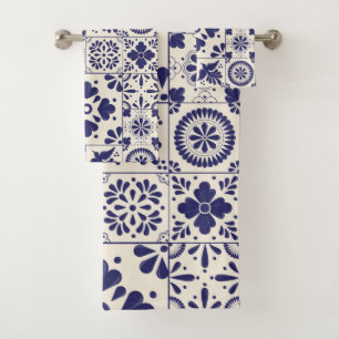 Nile Blue Mexican Traditional Floral Talavera  Bath Towel Set