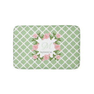 Nile Green Quatrefoil Pink Rose Monogram With Name Bath Mat