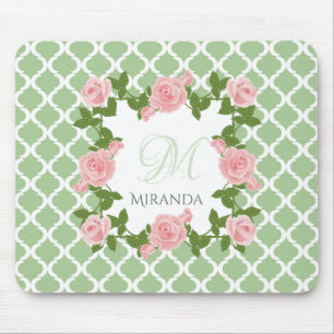 Nile Green Quatrefoil Pink Rose Monogram With Name Mouse Mat