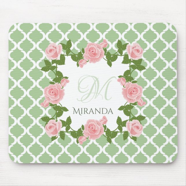 Nile Green Quatrefoil Pink Rose Monogram With Name Mouse Mat (Front)