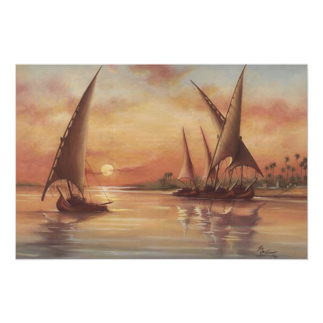 Nile River Sunset Feluccas Art Poster (Front)