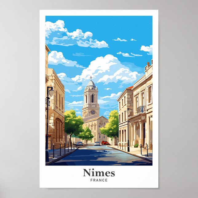 Nimes France Art Vintage Travel Illustration Poster (Front)