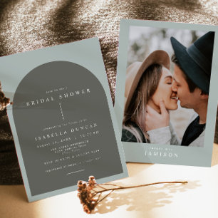 NINA Bohemian Arch Sage Green Photo Bridal Shower Invitation