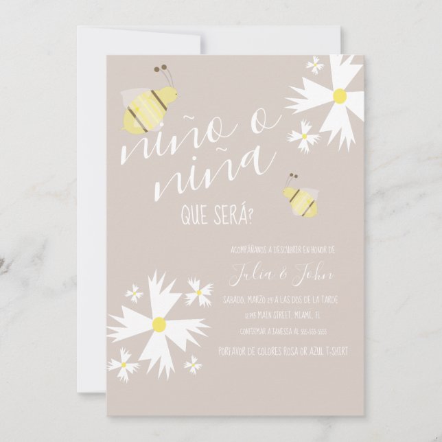 Nina o Nino Gender Reveal Cute Bee Earthy Tone Invitation (Front)