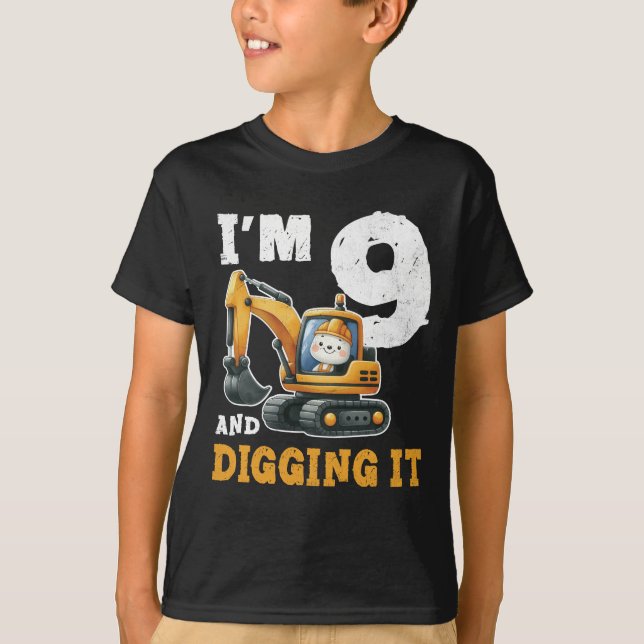 Nine 9yr 9th Birthday Digger Boy Construction T-Shirt (Front)