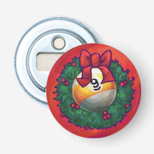 Nine Ball in Christmas Wreath on Red Bottle Opener