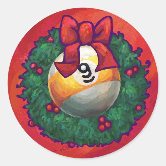 Nine Ball in Christmas Wreath on Red Classic Round Sticker (Front)