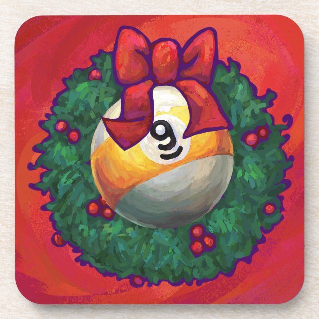 Nine Ball in Christmas Wreath on Red Coaster (Front)