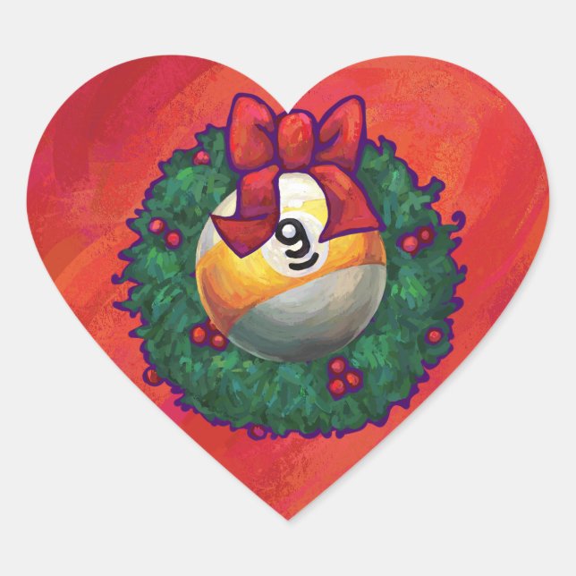 Nine Ball in Christmas Wreath on Red Heart Sticker (Front)