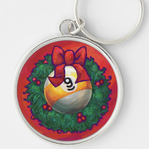 Nine Ball in Christmas Wreath on Red Key Ring