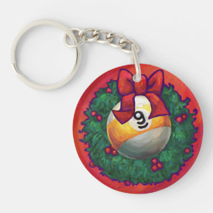 Nine Ball in Christmas Wreath on Red Key Ring