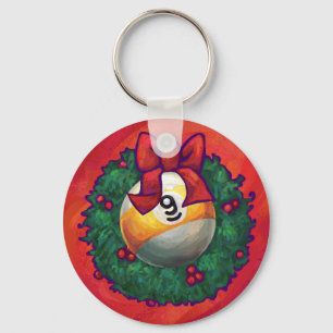 Nine Ball in Christmas Wreath on Red Key Ring