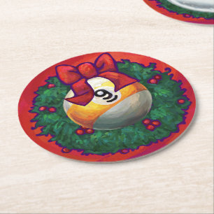 Nine Ball in Christmas Wreath on Red Round Paper Coaster