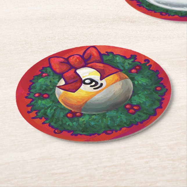 Nine Ball in Christmas Wreath on Red Round Paper Coaster (Angled)