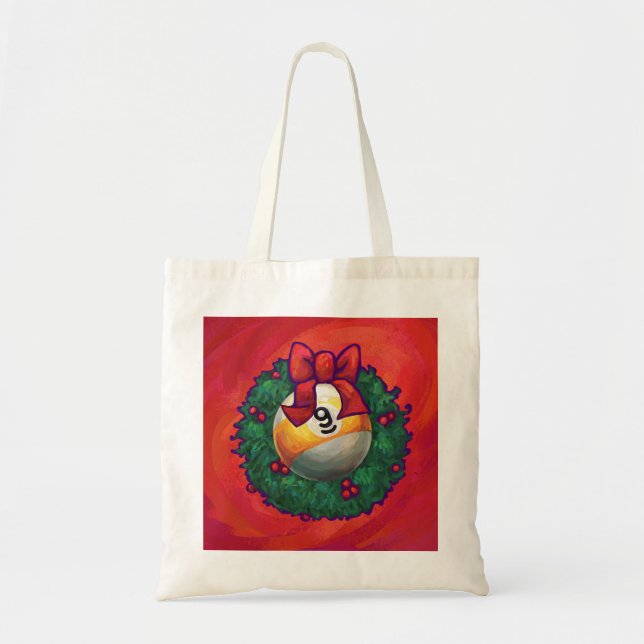 Nine Ball in Christmas Wreath on Red Tote Bag (Front)