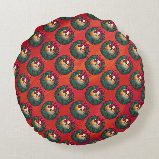 Nine Ball in Christmas Wreath Pattern on Red Round Cushion (Back)