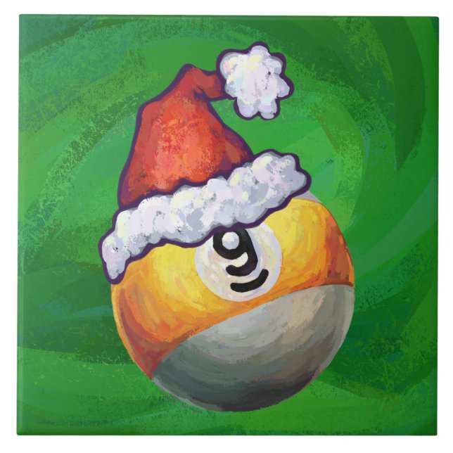 Nine Ball in Santa Hat on Green Tile (Front)