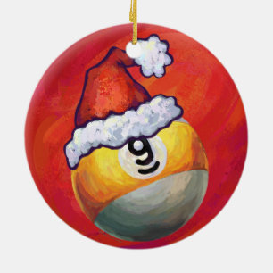 Nine Ball in Santa Hat on Red Ceramic Tree Decoration