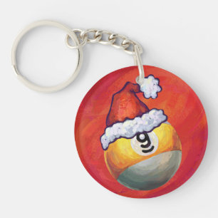 Nine Ball in Santa Hat on Red Key Ring