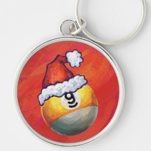 Nine Ball in Santa Hat on Red Key Ring