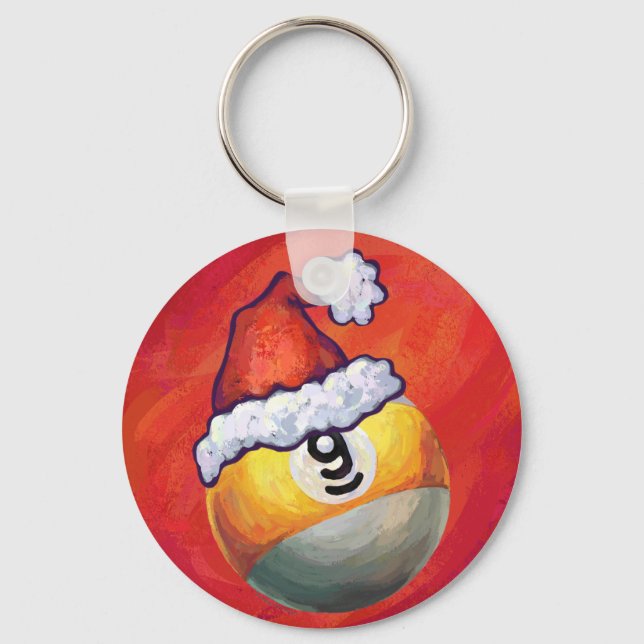 Nine Ball in Santa Hat on Red Key Ring (Front)