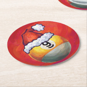 Nine Ball in Santa Hat on Red Round Paper Coaster