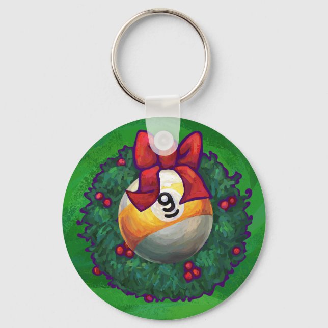 Nine Ball in Wreath on Green Key Ring (Front)