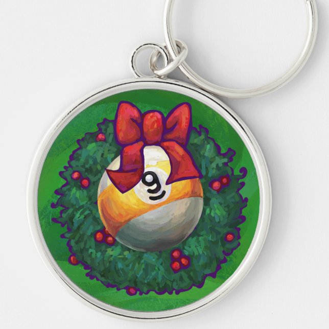 Nine Ball in Wreath on Green Key Ring (Front)