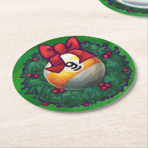 Nine Ball in Wreath on Green Round Paper Coaster