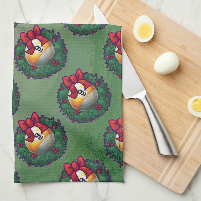Nine Ball in Wreath Pattern on Green Tea Towel (Quarter Fold)