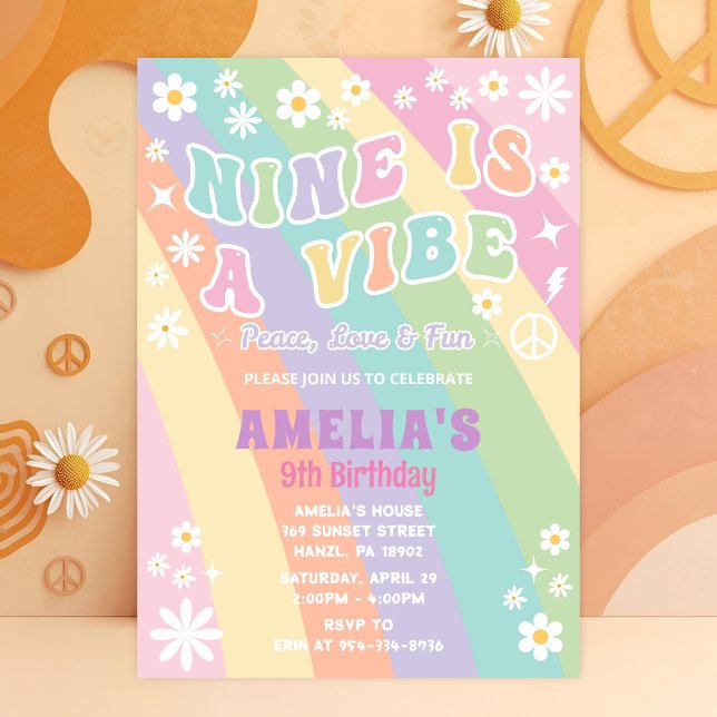 Nine Birthday Invite | Groovy Girl Party Card (Creator Uploaded)