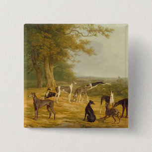 Nine Greyhounds in a Landscape (oil on canvas) 15 Cm Square Badge