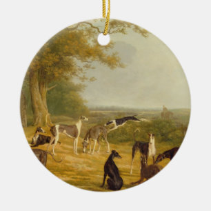 Nine Greyhounds in a Landscape (oil on canvas) Ceramic Tree Decoration