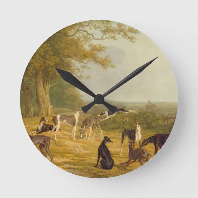 Nine Greyhounds in a Landscape (oil on canvas) Round Clock (Front)