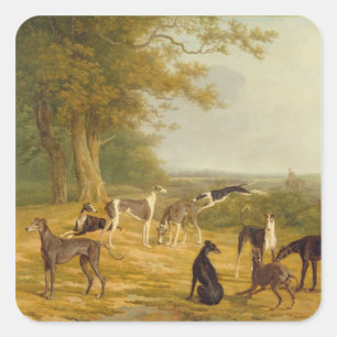 Nine Greyhounds in a Landscape (oil on canvas) Square Sticker